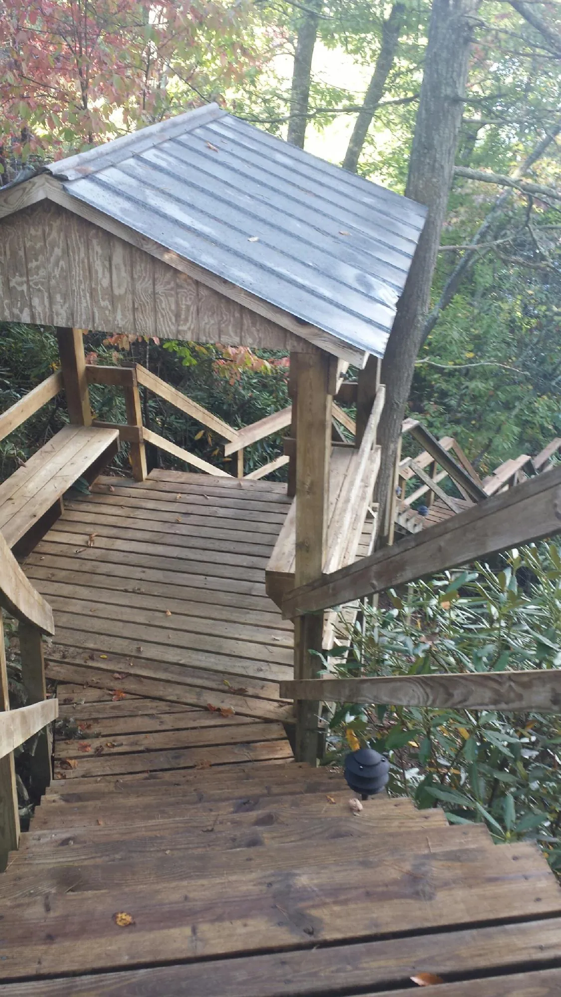 Metal roofed shelter over wooden steps on a wooded walkway — Skylight Repair & Installation work by our crew in Mica